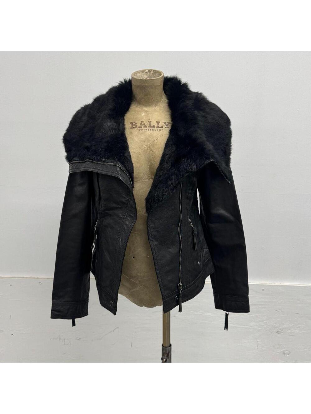 Vintage ONLY Black Leather Funnel Neck Jacket with Rabbit Fur Collar - Picture 5 of 8